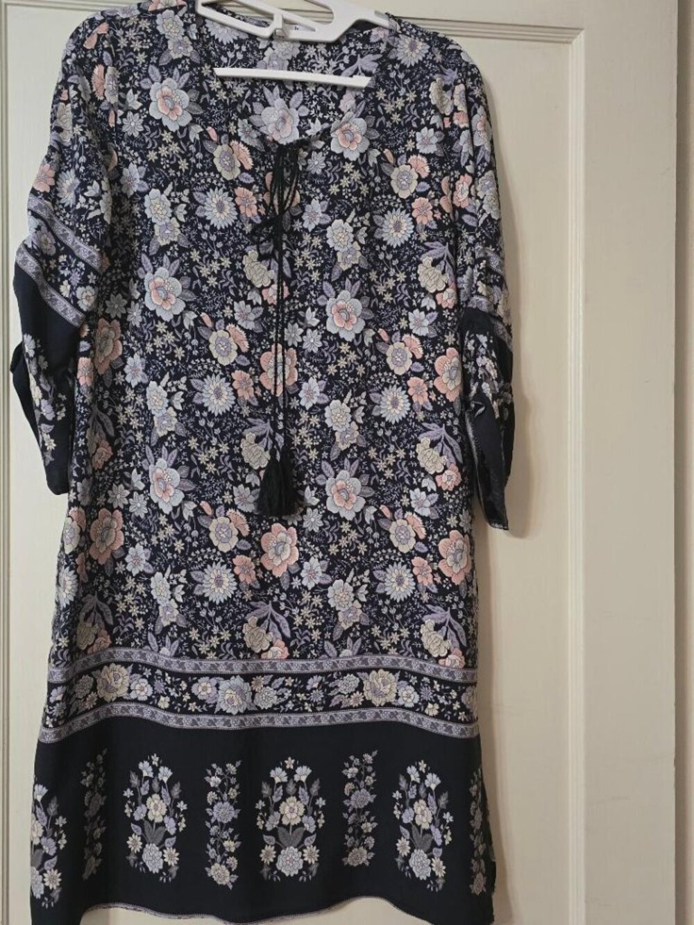 S Hotouch Boho Tassel tie-neck Floral Casual Beach Summer Tunic Dress 3/4 Sleeve